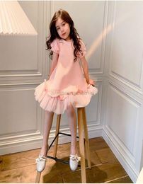 Designer Girls Letter Puff Sleeve dresses Summer Kids pink Falbala tulle dress luxury children princess clothing A70724736343