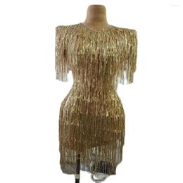 Stage Wear Singer Gold Sequin Fringed Wedding Party Dress Women Latin Dance Costume Tassel Club Prom Dresses