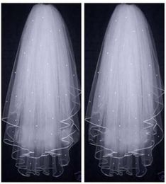Women Pearls Tulle Short Bridal Veils Ribbon Edge White Ivory Super Glitter Pearl 3 Layers Wedding Veil Bride Accessories Length 22124572