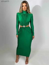 Basic Casual Dresses Mozision Elegant Hollow Out Sexy Maxi Dress For Women Autumn Winter New Turtleneck Long Sleeve Bodycon Club Party Evening DressL2403