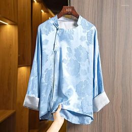 Women's Blouses YCMYUNYAN-Satin Chinese Style Shirt For Women Printed Vintage Loose Clothing Long Sleeves Spring And Summer Fashion