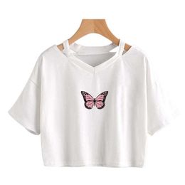 Butterfly animal cute exposed navel short sleeved hollow top style V-neck T-shirt