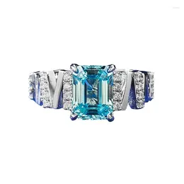 Cluster Rings Spring Qiaoer 6 8 MM Asscher Cut Aquamarine Gemstone Vintage 18K Gold Plated 925 Sterling Silver Ring For Women Fine Jewellery