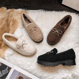 Casual Shoes Metal Crystal Bow-knot Curly Wool Fur Women Furry Flats Winter Warm Plush Loafers Fleeces Moccasins 2024 Plus Size 34-43