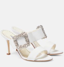 Summer Luxury Women Gable Satin Sandals Shoes Crystal-embellished Buckle Round Open Toe Mules Slip On Casual Walking EU35-43