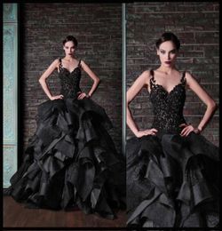 Rami Kadi Black Ball Gown Prom Dresses Tiered Ruffles Vintage Lace Spaghetti Puffy Prom Dresses Low Back Pageant Party Gowns6021982