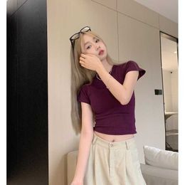 Spicy Girl Purple Round Neck Shoulder Short sleeved T-shirt Womens 2024 New Summer Slim Fit and Slim Show Navel Short Top
