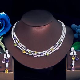 Necklaces ThreeGraces Shiny Colourful Cubic Zirconia 3 Rows Multi Layer Bridal Wedding Choker Necklace Earrings Jewellery Set for Women TZ784