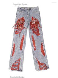 Mens Jeans Men Y2K Ripped Patchwear Distressed Pants Hip Hop Punk Goth Red Denim Trousers Male Vintage Japanese Streetwear
