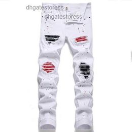 Mens Jeans Men Paisley Bandana Print Patch Streetwear Patchwork Holes Ripped Stretch Denim Pants Slim Straight Biker Trousers