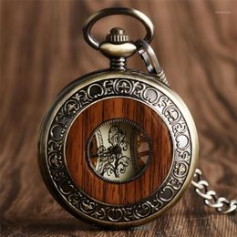 Vintage Watch Hand Winding Mechanical Pocket Watch Wooden Design Half Retro Clock Gifts for Men Women reloj1262l