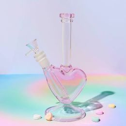 9" Pink Love Heart Shape Glass Bong Smoking Bong Hookah Bong Water Pipe 14mm male Bubbler Heady Oil Dab Rigs Birdcage Percolator Shisha LL