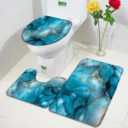 Mats Abstract Marble Bath Mat Set Gold Lines Blue Ink Texture Art Pattern Modern Home Carpet Bathroom Decor Nonslip Rug Toilet Cover