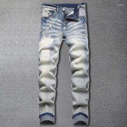 Men's Jeans Style Men Blue Distressed White Letter Embroidered Trendy Small Foot Elastic Slim Pants Denim Trousers Homme