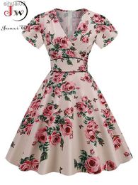 Abiti casual di base Vintage anni '60 anni '50 Big Swing Abito estivo Donna Abito causale Midi Pin-Up Tunica Vestito estivo Manica corta Scollo a V Abiti da festaL2403