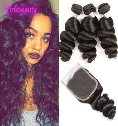 Peruvian Human Hair Natural Color 95100gpiece 3 Bundles With 4X4 Lace Closure Loose Wave Peruvian Hair Wefts With Closures3492056