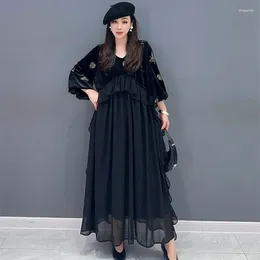 Casual Dresses Vintage Design Spring Autumn Dress Chiffon Spliced Velvet 3/4 Sleeve Black Pullovers For Party Wear