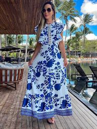 Basic Casual Dresses 2023 New Blue Floral Print White Dresses Women Lace Hollow Out Long Dress Holiady Summer Bodycon Robe Elegant Ruffles VestidosL2403