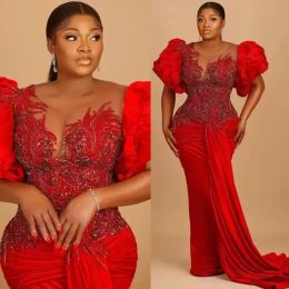 Red Luxurious Sexy Prom Dresses Lace Beaded Crystals Evening Formal Party Second Reception Birthday Engagement Gowns Dress Plus Size Arabic Aso Ebi