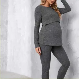 Women's Pants Grey Two-piece Knitted Maternity Wear Round Neck Long Sleeve Comfortable High Stretch Slim Casual Set