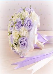 2018 Purple Pearls Wedding Bouquets with Wrist Corsage Gift Artificial Flowers Bride Holding Flowers Handmade Flowers Bridal Bouqu3405499