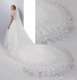 Luxury 4 Metres Long Bridal Veils Lace Sequins with Comb Applique Edge Wedding Veils Cheap Bridal Accessories CPA887 B05238959995