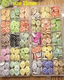 mixed 100 pcs 30 styles 15mm 2hole Dots and Stripes Printed Wooden button Sewing Scrapbooking Crafts accessory6577793