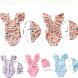 Swimwear Happyflute 726kg Ins OnePiece Swimsuit Children Girls Cute Baby Striped Polyester Swimming Cloth