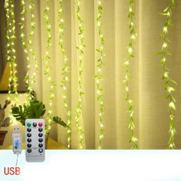 Curtains Flower Green Leaf Curtain String Lights Artificial Vine Fairy for Room New Year's Wedding Christmas Lights Decorations Curtains