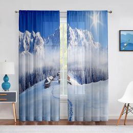 Curtains Winter Farmhouse In Snow Mountains and Snow Forest Sheer Curtain for Living Room Bedroom Voile Kitchen Window Tulle Curtains
