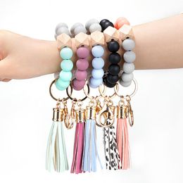 Bracelet Keychain Silicone Beads Bangle Leather Tassel Silicone Beads Bracelets Wristlet Keychains Bangle Cuff Women Jewellery