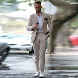 Men's Suits Linen Beach Wedding For Men Slim Fit Summer Groom Tuxedos Peaked Lapel Bridegroom Suit Jacket With Pants Man Blazer