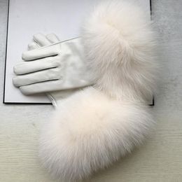 Women's natural big fur genuine leather glove lady's warm natural sheepskin leather plus size white driving glove R2451218S