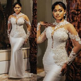 2024 Aso Ebi Mermaid Wedding Dress for Bride Bridal Gowns Jewel Long Sleeves Elegant Wedding Gowns Beaded Lace Pearls Illusion Dress for African Black Women NW142