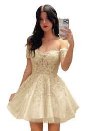 Off The Shoulder Tulle Lace-up Short Homecoming Dresses Appliques Sweetheart Cocktail Formal Occasion Cocktail Prom Party Graudation Gowns Hc01