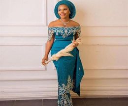 Aso Ebi Teal Mermaid Evening Dress Off the Shoulder Beaded Lace Mermaid Prom Dresses African Nigeria Plus Size Women Party Gowns291820926