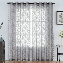 Curtains Pastoral Lace Curtain Embroidered Tulle Living Room Bedroom Lace Curtain Black Gray White Sheer Curtain