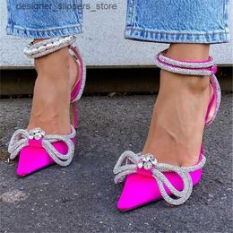 Dress Shoes Bow knot womens pump sequin crystal ankle strap sandals pointed toe high heels womens designer sandals 2023 trend Q240314