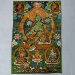 Accessories 36" Tibet Tibetan Embroidered Cloth Silk Buddhism Green Tara Kwanyin Tangka Painting Mural Meditation Wall Hanging Home Decor