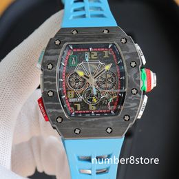 RM65-01 Carbon Fibre Sports Mens Watch Tonneau Luxury Watch Skeleton Dial Automatic Mechanical Sapphire Crystal Designer Wristwatch Waterproof 6 Colours