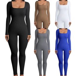 Women Jumpsuit Solid Sexy Slim Fit Stretchy Skintouch Ribbed Knit Polyester Square Collar Long Sleeve Female Clothe 240307