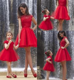 2019 red lace a line short mother and daughter dress jewel capped sleeves cheap party gowns formal prom dresses6526630