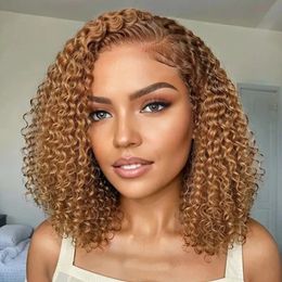 14inch Light Brown 5x5 Glueless Closure Wear Go Deep Wave Colored Lace Front Bob Wig for Women Human Hair PrePlucked