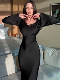 Basic Casual Dresses Tossy Black Satin Bandage Maxi Dress Women Slin High Waist Fashion Patchwork Elegant Long Sleeve Dress Ladies Gown Long DressL2403