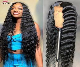 Ishow 28 40inch 300 180 250 High Density 44 Human Hair Wigs PrePlucked Transparent Lace Closure Wig Straight Curly Body Water2107187