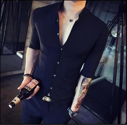 Men039s Jackets Men Shirts Stand Collar Chinese Style Shirt Slim Fit Korea Clothes Half Sleeve 2021 Summer Designer Club Soild6155009