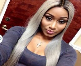 Dark Roots Brazilian Grey Ombre Hair Full Lace Wig Human Natural Hair Line Glueless Grey Silver Ombre Straight Lace Front Wigs7023963