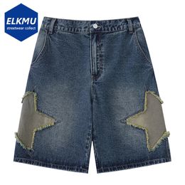 Retro Star Splicing Denim Shorts Men Summer Harajuku Streetwear Jeans Shorts Fashion Casual Loose Blue Denim Shorts Unisex 240311