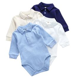 Baby clothes 100% cotton bodysuit 0-3Y autumn winter fashion born outfit boy long sleeve polo collar jumpsuit white240311