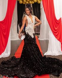 Sparkly Black Sequins Silver Mermaid Prom Party Dresses 2024 Sheer Neck Plus Size Formal Evening Occasion Gowns For Black Girls